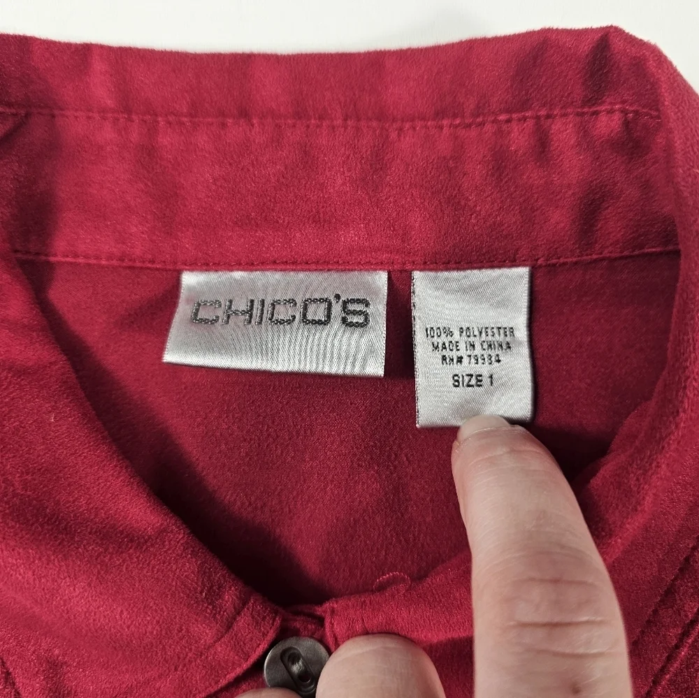 Chico's Women's Hot Pink Faux suede button up blouse Long Sleeve size 1 (M) EUC